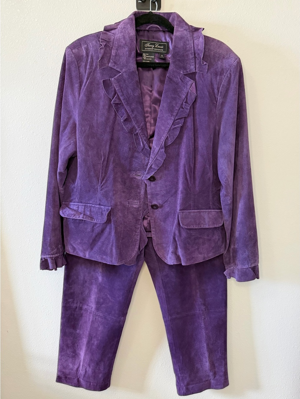 Vintage Terry Lewis Purple Suede 2 Piece Suit Set Blazer Pants Ruffle Trim 1X